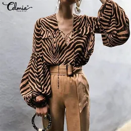 Camicetta da donna Celmia 2019 Autunno Camicie sexy con scollo a V Casual manica lunga con lacci Zebra Stripe Top da lavoro Plus Size Blusas Femininas T200321