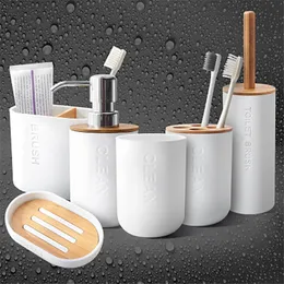 Simple Household Bath Room Supply Bamboo Soap Dish Gel Dispenser Toothbrush Holder Rack 5pcs Pack Bathroom Accessories Set 220523