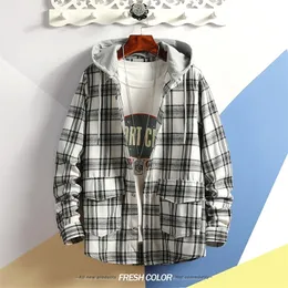 Korea Style Casual Cardigan Spring Autumn Rock Punk Hoodie Plaid Sweatshirt Men's Fleece Hip Hop Streetwear Clothes T200828