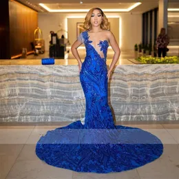 Glitter Royal Blue Mermaid Dresses for Black Girls Elegant Alect Aso Aso Ebi Party Grow Traduation Dress