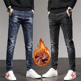 Stretch Slim Fit Pants Men's Winter Plush Thick Warm Jeans 210318