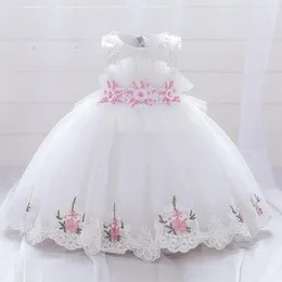 Girl's Dresses White Pink Flower Baptism First 1st Birthday Dress For Baby Girl Clothing Toddler Princess Lace Party Beads Costumes 0-5 Year