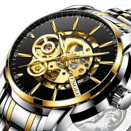 Hollow Out Golden Case Luxury Business Design Ошибочная сталь Мужские часы Mens Watch Top Brand Mechanical Skeleton Watch Начатки.