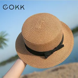 Cokk panamá simples no verão praia feminina casual lady mulher plana borbukknot straw tap meninas chapéu de sol chapeu feminino 220629