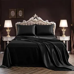 J 4 PCE Luxury Satin Silk Soft Queen Bed Mitted Sheet Set - Red Black 10 220514