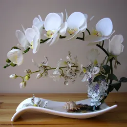 Butterfly Orchid Artificial Flowers Set Fake Flower Ceramic Vase Ornament Phalaenopsis Figurin Heminredning Dekoration Craft Y200106