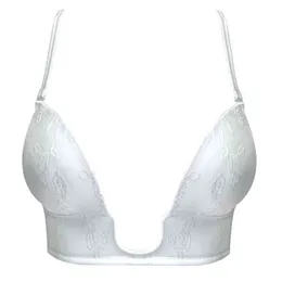 Yandw White Push Up Bra Sexy Plunge Deep Ground Gate Simple Transparent Braps Floral Sile Women Bra 70 75 80 85 90 95 A B C D E T220726