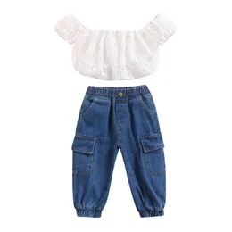 Citgeett Summer Kids Baby Girls Solid Color Outfits Off Shoulder Hollow Short Sleeve Crop Tops Jeans Denim Pants set J220711