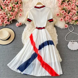 New women's short sleeve o-neck knitted patchwork color block high waist pleated chiffon dress SMLXLXXL