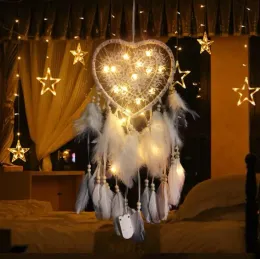 LED Light Handmades Dreamcatcher vindklockor handgjorda drömfångare nätfjädrar hängande dreamcatcher hantverk gåva hem dekoration