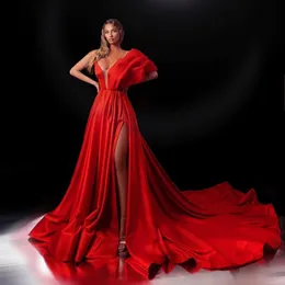 2022 Red Evening Dresses Fashion Long Sleeveless Women's Prom Gowns High Slit Elegant Pleat Runway Sweep Train vestido de novia