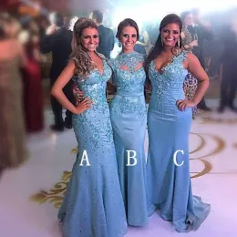 2022 Blue Satin Bridesmaid платья русалка русалка с бисером кружева аппликация длина пола русалка v шеи high воротник горничный честь платья африканская свадьба гость носить vestidos