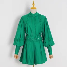 Women's Tracksuits Two Piece Set 2022 Spring Green Frilled Ruffled Long Lantern Sleeve Ramie Blouses And High Waist Linen Shorts
