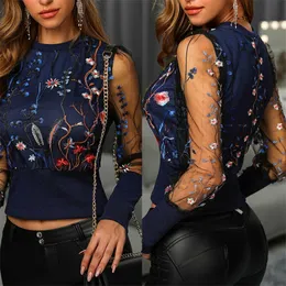 Women's Blouses Shirts Sexy Women Spring Fall Embroidery Floral Tops OL Elegant Mesh See Through Puff Long Sleeve Patchwork Outwear 220913