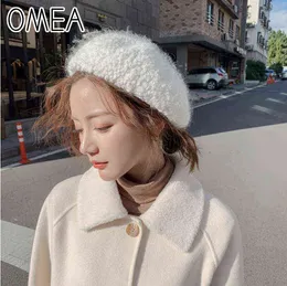 OMEA Angora Rabbit Fur Berets Women Hats Winter Retro Painter Hat Fuzzy Hat Solid French Flash Hairy Pink Snow Fleece Green Hat J220722