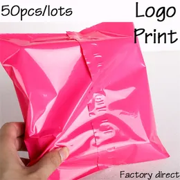 50pcs Imprimir correio de correio rosa adesivo de armazenamento de armazenamento plástico Poly Lope Mailer Postal Sacos de correspondência Customizando 220704