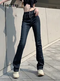 Weekeep Jeans dritti casual a vita alta con cintura Donna Streetwear Pantaloni in denim elastico Pantaloni autunnali Harajuku Vintage coreano 220815