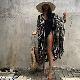 Boho Sexy Striped Chiffon Bathing Suit Cover ups Plus Size Beach Wear Kimono Dress For Women Summer Swimsuit Cover Up 220713