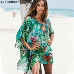 Kvinnor tryck Pareo Beach Cover Up Chiffon Saida de Praia Tunic Summer Dress Beach Bikini Cover Up Swimsuit Kaftan Swim Wear 220524