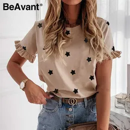 BeAvant Women printed short sleeve round neck T-Shirt top Holiday beach summer style top Cute square elegant solid slim t shirt 210709
