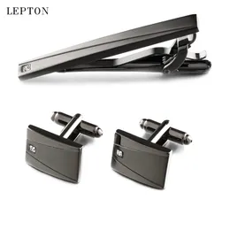 Lepton Classic Business Square Black Brush Mens Cufflinks Tie Clips Set High Quality Necktie Pin Tie Bars Clip Clasp Drop Ship 201106