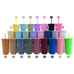 24OZ wiederverwendbare Tassen Kaffeetasse Candy Color Doppelschicht-Kunststoffbecher mit Strohhalmen Frosted Handliche Wasserbecher B0711