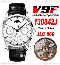 V9f Mestre Ultra Thin Perpétuos Perpétuos A868 Relógio automático de homens 130842J CASA DE AÇO Branco Dial Lua Fase de couro Relógios Super Edição Puretime C3