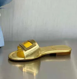 Women Designer slipper flats Baguette Wide Band Slides GOLD NAPPA LEATHERS SLIDE metallic leather walking shoes beach slide shoe slip-on 35-42