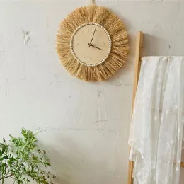 Ins Nordic Raffia Straw Mute Clock Wooden Beads Wall HangeClocks Kid Bedroom Living Room装飾小道具ホームステイホーム装飾