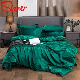 Solid Color Satin Washed Imitation Silk Bedbling Set Quilt Däcke Cover Set King Size With Pudowcase Double Queen Bed Linens 220616