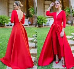 Sexy Red V-Neck Suits Evening Dress 2022 Women Pantsuits Prom Party Gown Backless 3/4 Sleeves Jumpsuits With Train Robes De Soiree