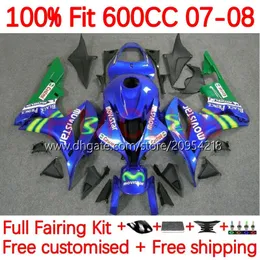 OEM-karosseri för Honda CBR 600F5 600 RR CC F5 07-08 BODY 145NO.12 CBR-600 CBR600 RR CBR600RR 07 08 CBR600F5 CBR 600R 600CC 2007 2008 INFRAKTIG MOLD FAIRING MOVISTAR BLÅ