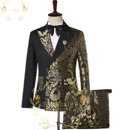 SZMANLIZI Zweireiher Schwarz Gold Floral Jacquard Slim Fit Herren Anzüge Hochzeit Bräutigam Smoking Party Jacke Hose Terno Masculino