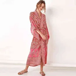 Bohemian Tropical Printed Reddish Orange Ankle Length Beach Wear Kimono Dress Fashion Women Swimwear Chiffon Tunic Pareos Q590 G220510