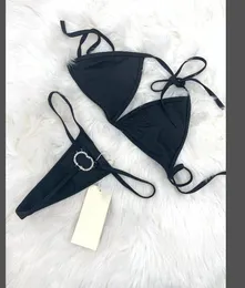 Luxus-Bikini-Badebekleidung, Tanga, G-String-Set, 2022, neuer Designer, sexy, großer Buchstabe, Metall-Badeanzug, Schwarz, zweiteilig, hebt Bikini-Set, Badeanzüge, S-XL