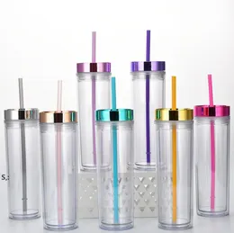 Skinny Cup Double Wall Plastic Tumbler Portable Easy to Take with Electroplating Lid and Straw 16oz by sea BBA13108