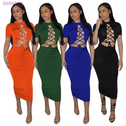 New Short Sleeved Hollow Out Dress Sexy Bandage Exposed Navel Slim Fit Hip Wrap Dresses One Step Skirt