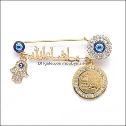 Pins Brooches Jewelry Islamic Muslim Brooch Inlaid Zircon Fatima Hand Pendant Exquisite Fashionable Mens Womens And Childrens H1018 Drop D