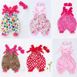 Nyfödda babyflickor blommar blommor rompers med pannbandskläder set småbarn blöja täcker spädbarnshorts rufs korta barn kläder m4167