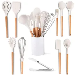 Silicone Cooking Utensils Set 11 PCS Wooden Handle Nontoxic BPA Free Silicone Spoon Spatula Turner Tongs Kitchen Gadgets Utensil Set with Holder