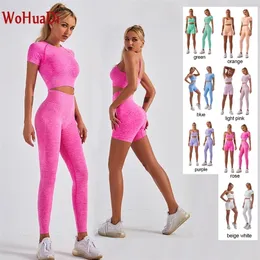 Wohuadi mode kvinnor clotching yoga set fitness sportkläder sömlösa höga midja leggings skjorta sport crop topp bh tracksuits gym 220330