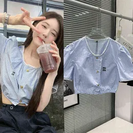 summer Ruth blue and white vertical stripes embroidered short shirt exposed navel blouse women