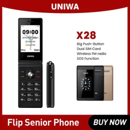 Original Uniwa x28 Old Man Flip Mobile Telefon GSM Senior Luxury Folded Elderly Big Push Button Dual Sim Cards FM Radio Men Mobiltelefon