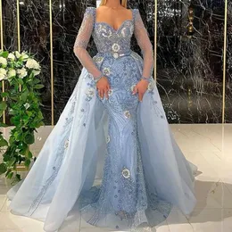 Niebieskie sukienki balowe księżniczki koronkowe aplikacje cekiny długie rękawy satynowe ukochane bez ramiączki długość podłogi Odłączona imprezowa suknie pociągowe na zamówienie w rozmiarze