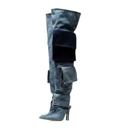 Patchwork-Denim-Taschenstiefel mit spitzen Zehen über dem Knie, dünne High Heels, Slip-on-Sexy-Frauen-Autume-Winter-Party-Kleid-Stiefel-Schuhe 220514