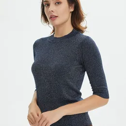 Sueter Mujer O Neck Shiny Lurex Sweater Women Casual Spring Pullover Knit Jumper Half Sleeve Tops Black Gray Beige White 220816