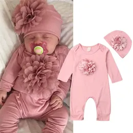 018m 2st Född babyflickkläder 3D Flower Romper Jumpsuit Hat Outfit Set 220802