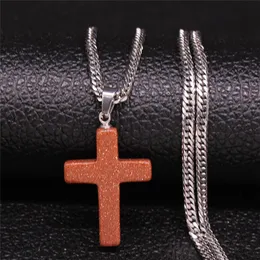 Pendant Necklaces Cross Natural Stone Stainless Steel Chain Necklace Women Silver Color Statement Jewelry Colgante Mujer N20225Pendant