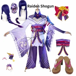 ゲームジェンシンインパクトRaiden Shogun Cosplayコスチュームバールウィッグシューズセクシーな女性着物ドレスユニフォームパーティーロールプレイ220812