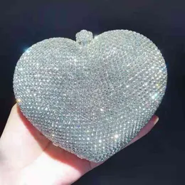 High Quality Red Color Diamond Purse Gold Metal Women Crystal Clutch Bag New Heart Shape Party Wedding Clutches Chain Handbags 220608